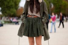 With loose shirt, skater skirt and ankle boots