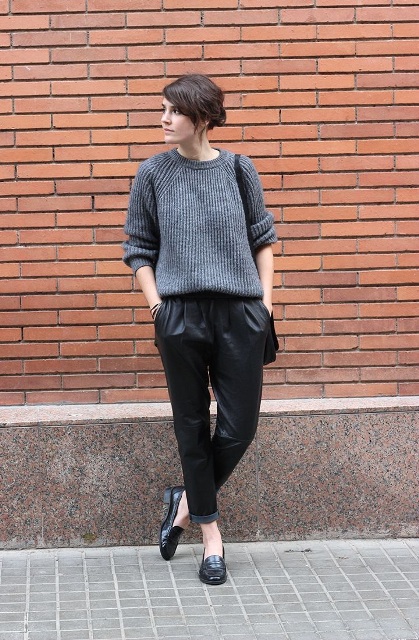 With loose sweater and loafers
