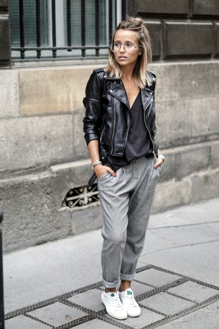 With loose top, black leather jacket and white sneakers