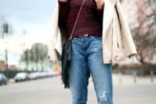 With marsala sweater, marsala ankle boots, shearling jacket and fringe bag