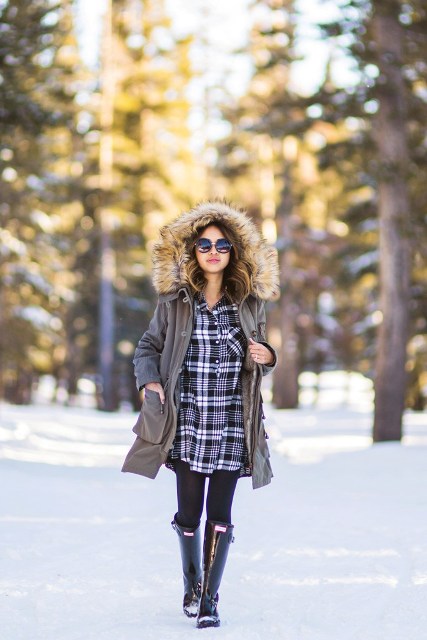 With plaid dress, black tights and high boots