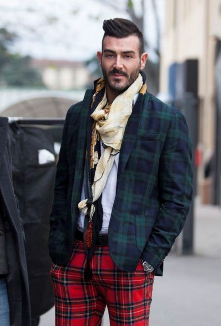 With plaid trousers, printed scarf and white shirt