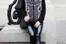 With printed sweater, black ankle boots and black bag