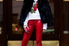 With printed sweater, fur coat and ankle boots