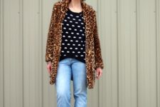 With printed sweater, leopard printed coat and cutout boots