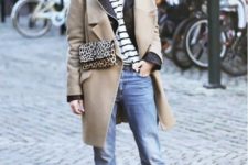 With striped shirt, beige coat, beanie, leopard chain strap bag and ankle boots
