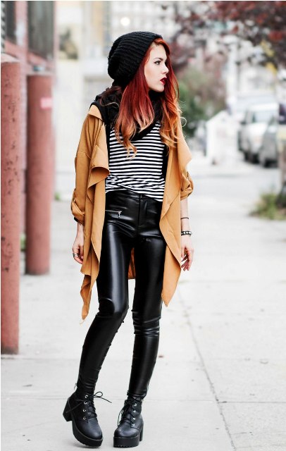 With striped shirt, camel trench coat, beanie and platform boots