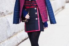 With striped shirt, unique skirt, ankle boots and two color puffer jacket