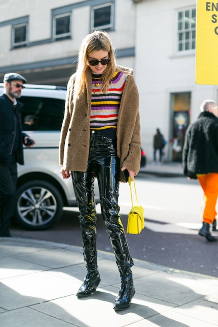 With striped sweater, short coat, boots and yellow bag