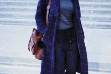 With turtleneck, gray ankle boots, checked coat and brown bag