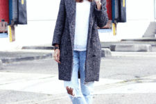 With white blouse, ankle boots, tweed coat and black wide brim hat