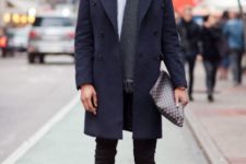 With white button down shirt, gray scarf, navy blue coat, light blue shoes and clutch