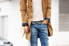 With white sweater, suede boots and brown parka