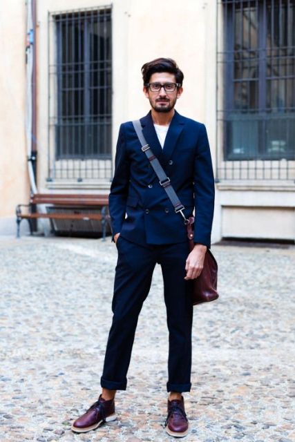With white t-shirt, navy blue jacket, marsala bag and marsala shoes