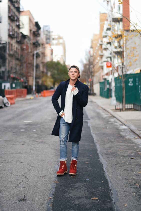 blue jeans, a white sweater, a navy coat and red boots for holidays