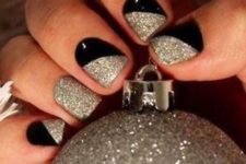 06 dazzling party manicure in black and silver glitter with a geometric design