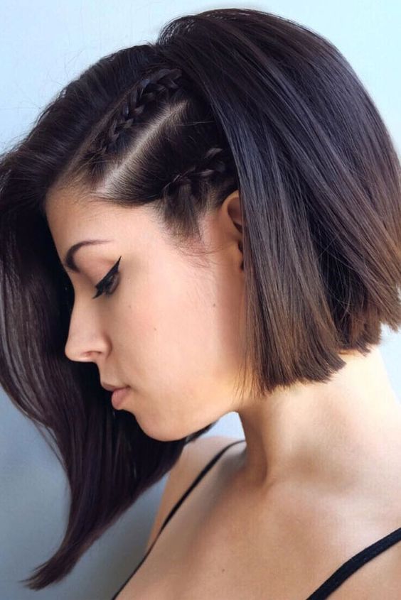 angled long bob with two small braids on the front to accentuate it