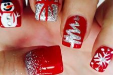 09 red Christmas nails with a snowman, a gift wrap, a tree, a snowflake and glitter