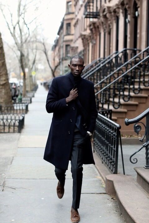 a black suit, a navy coat, brown leather shoes for a gorgeous exquisite look