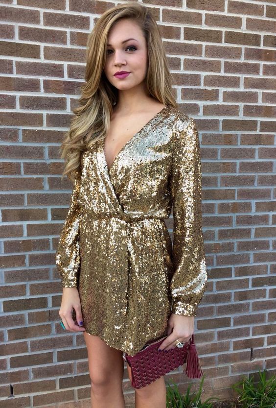 a V-neckline gold sequin wrap mini dress will fit any girl