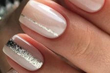 14 nude manicure with silver stripes looks very feminine and chic