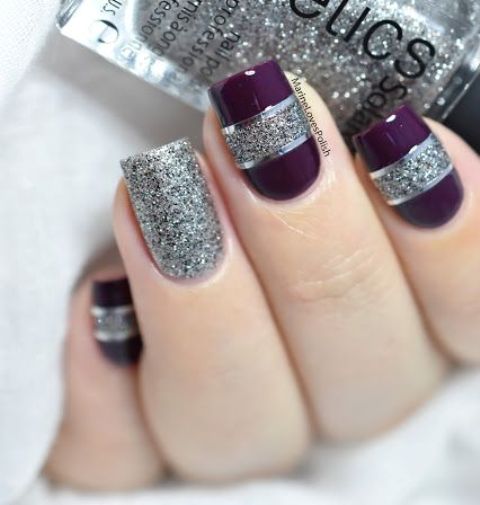 purple and silver square glitter nails with stripes and an accent nail for a bold look