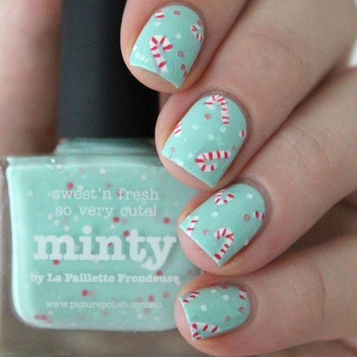 mint manicure with polka dots and candy canes will bring a whimsy and fun touch to your look