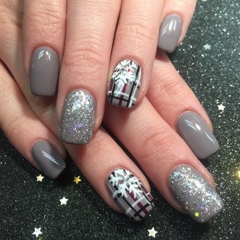 grey nails with glitter ones and plaid snowflake ones for those who love neutrals