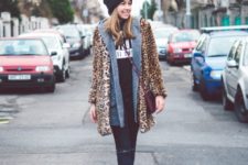 With beanie, distressed jeans, ankle boots, marsala bag and blue cardigan
