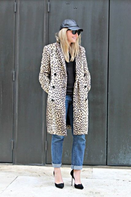 With black shirt, cuffed jeans, black pumps and animal printed coat