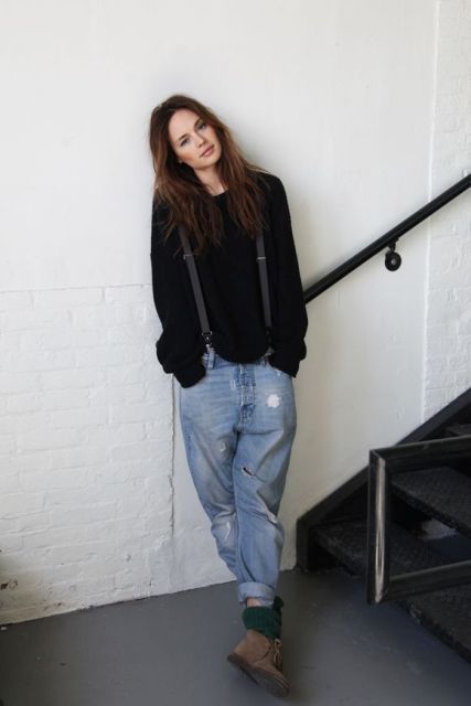 With black sweater and boyfriend jeans