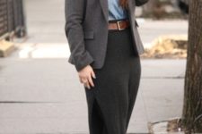 With button down shirt, brown belt, maxi skirt, brown ankle boots and tweed blazer