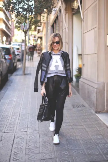 With crop sweater, white sneakers and jacket