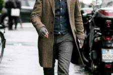 With denim jacket, checked coat and tweed trousers