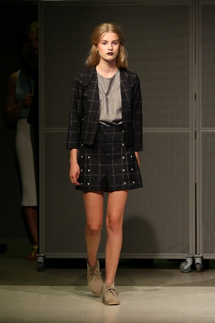 With gray blouse, checked blazer and checked mini skirt