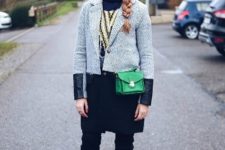 With gray coat, over the knee boots and green mini bag
