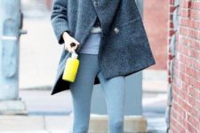With gray leggings, gray loose coat and shirt