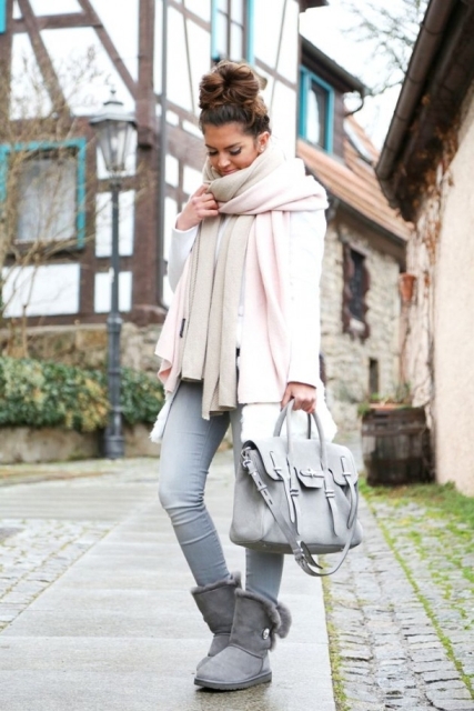 With gray pants, light gray bag, pale pink jacket and scarf