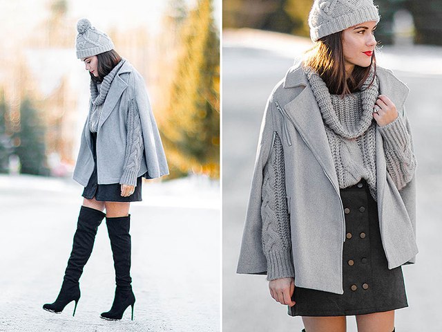 With gray sweater, mini skirt, black over the knee boots and beanie