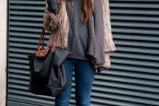 With gray sweater, skinny jeans, green suede shoes, fur jacket and tote