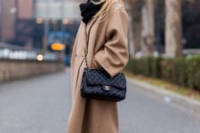 With jeans, black scarf, camel midi coat and chain strap bag