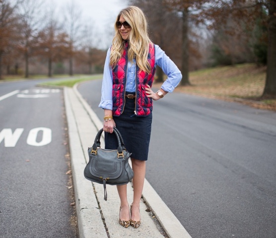 With light blue button down shirt, pencil skirt and leopard pumps