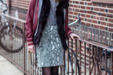 With marsala jacket, printed skirt and black suede boots