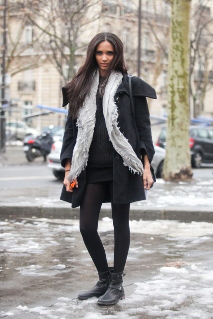 With mini dress, black coat and gray scarf