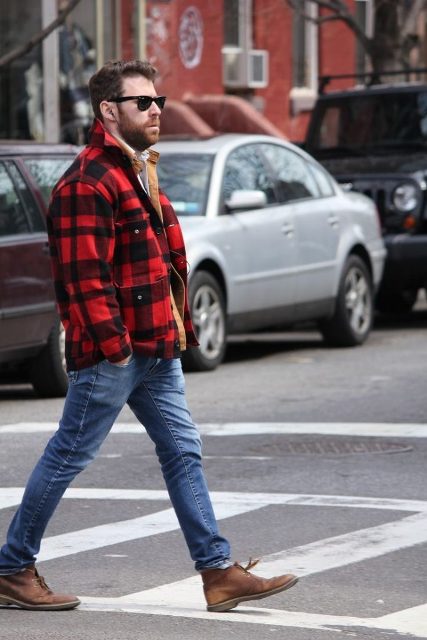 With plaid jacket and jeans