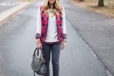 With plaid shirt, white sweater, gray jeans, beige pumps and gray bag