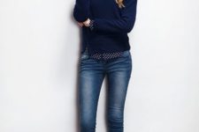 With polka dot shirt, navy blue sweater and crop jeans