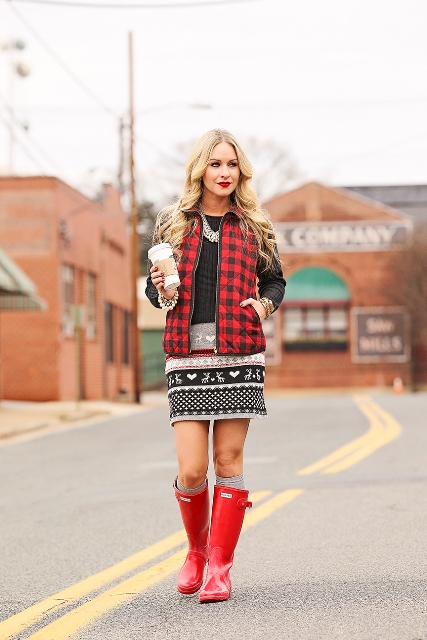 With printed mini dress and red high boots