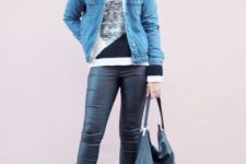 With printed sweater, leather pants, suede boots and bag