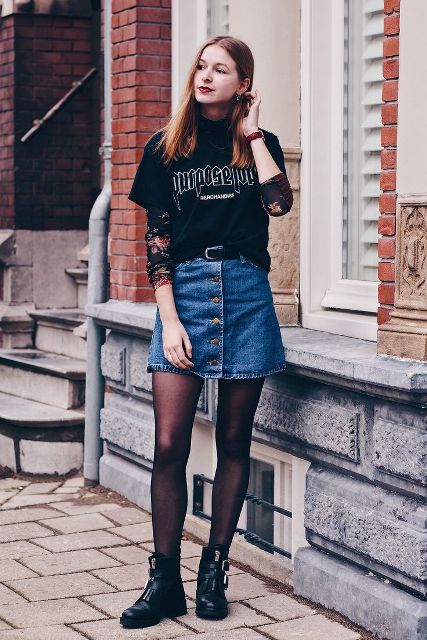 With printed t-shirt, denim skirt and black tights
